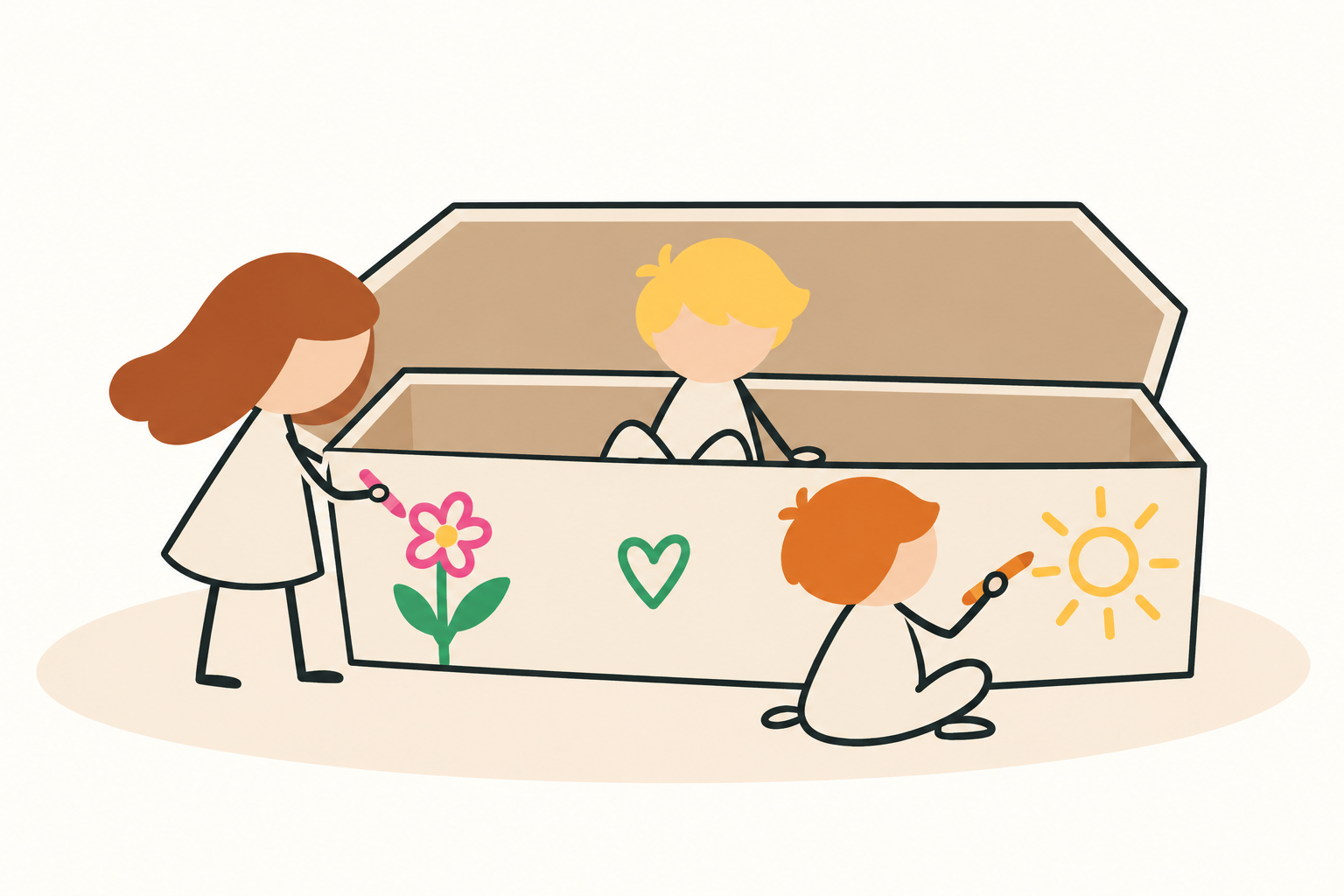 Sketchnote: Drei Kinder bemalen gemeinsam einen Sarg mit Blumen und einer Sonne