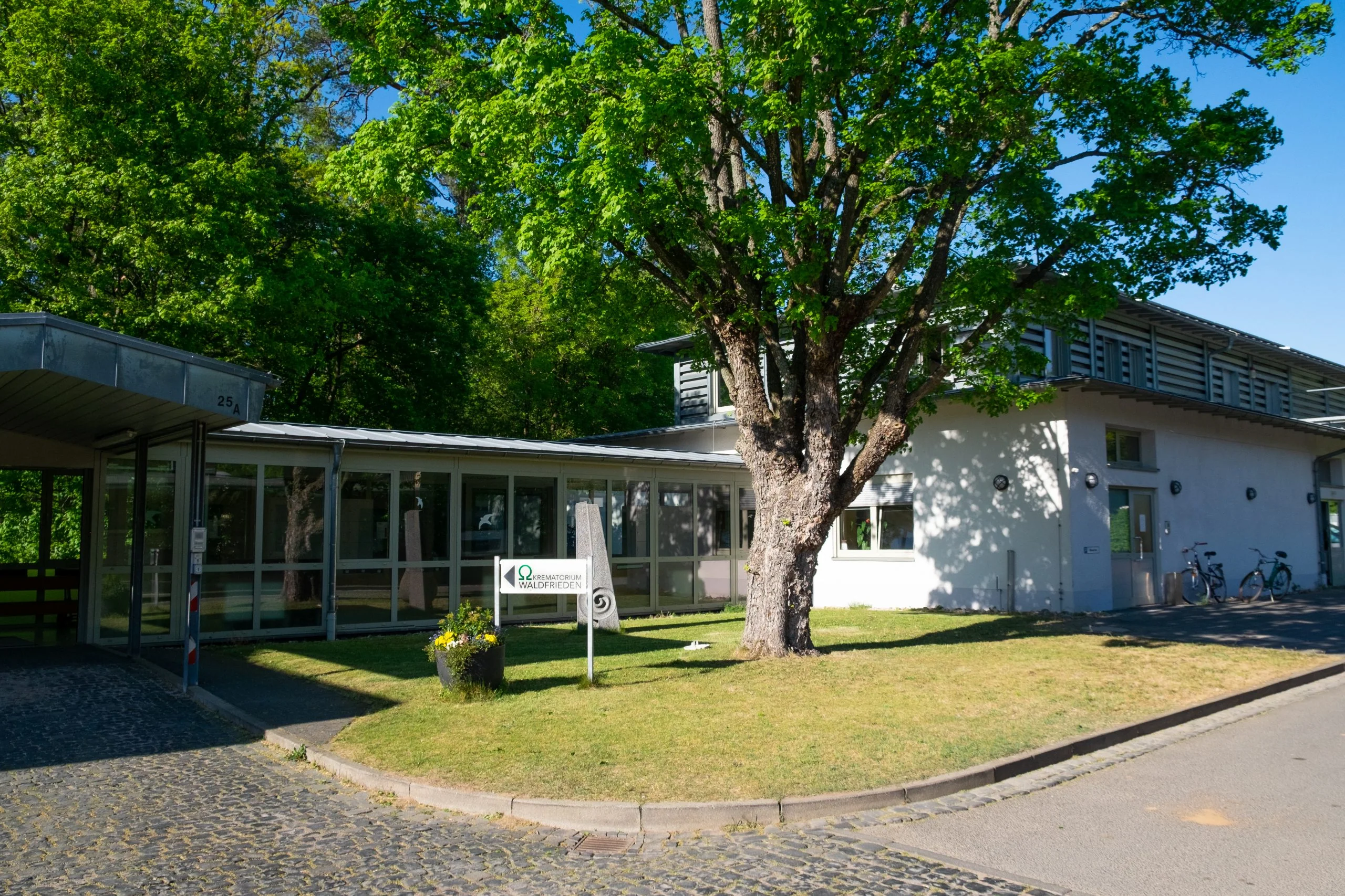 bestattungseinrichtung-helles-gebaeude-baum Helles Gebäude mit Glasfront, davor ein großer grüner Baum und eine Wiese.