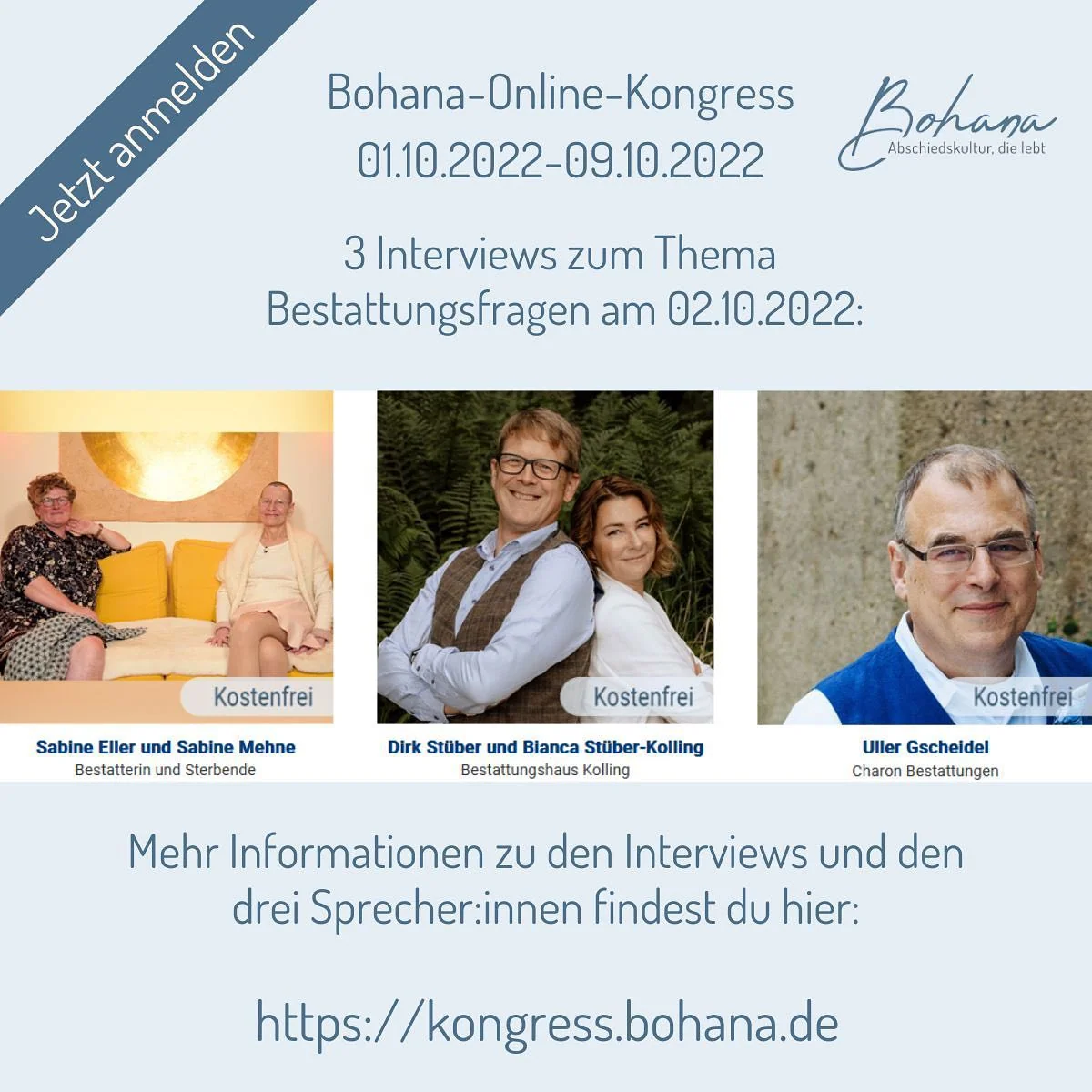 bohana-online-kongress-bestattungsfragen-2022 Programmflyer zum Bohana-Online-Kongress 2022 mit Porträts der Interviewgäste zum Thema Bestattungsfragen.