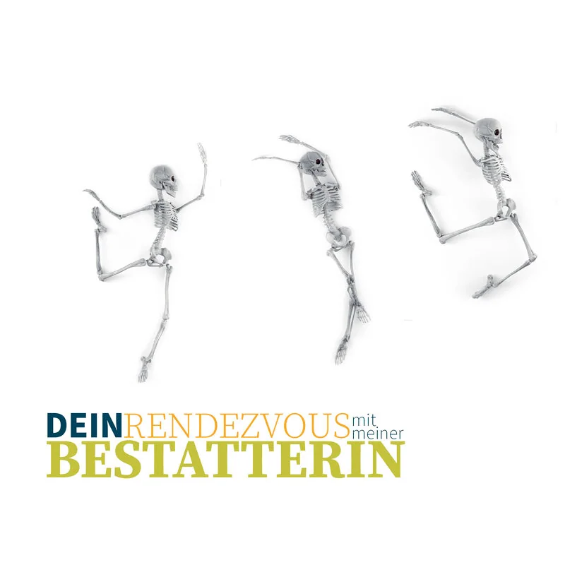 Grafik „Dein Rendezvous mit meiner Bestatterin“ mit drei tanzenden Skeletten.