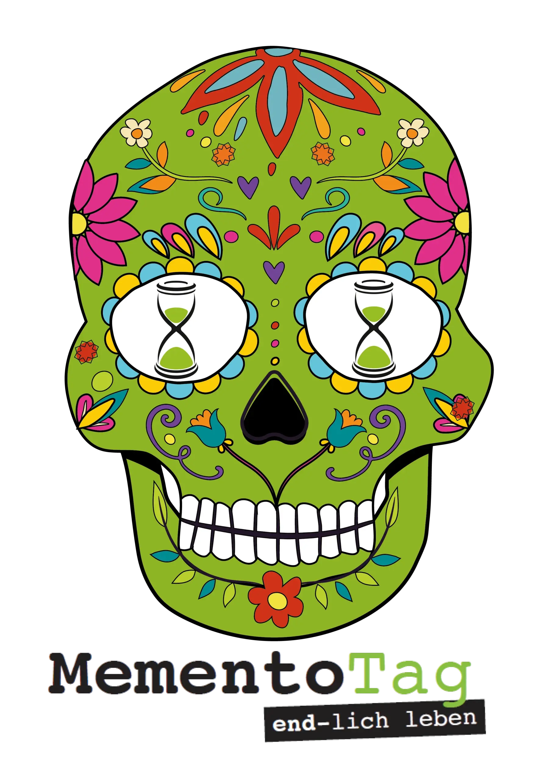 Bunter, floral verzierter Totenkopf mit Sanduhren als Augen und dem Schriftzug „MementoTag“.