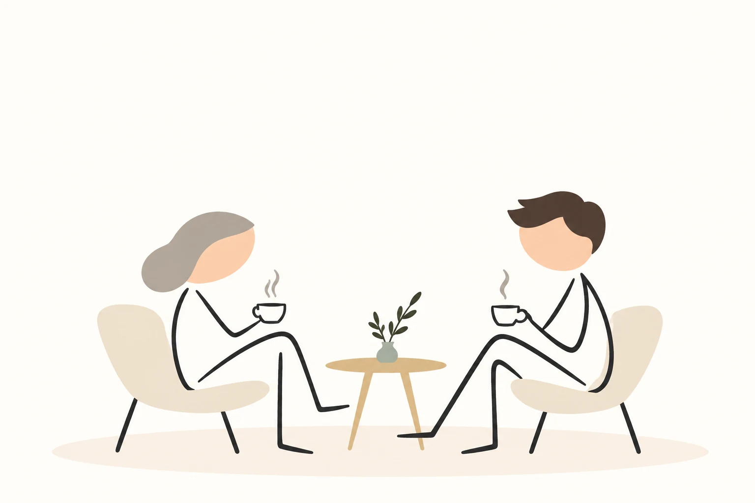 Beratungsgespräch nach einem Todesfall Illustration einer älteren Frau und eines Bestatters, die sich bei einer Tasse Tee gegenübersitzen