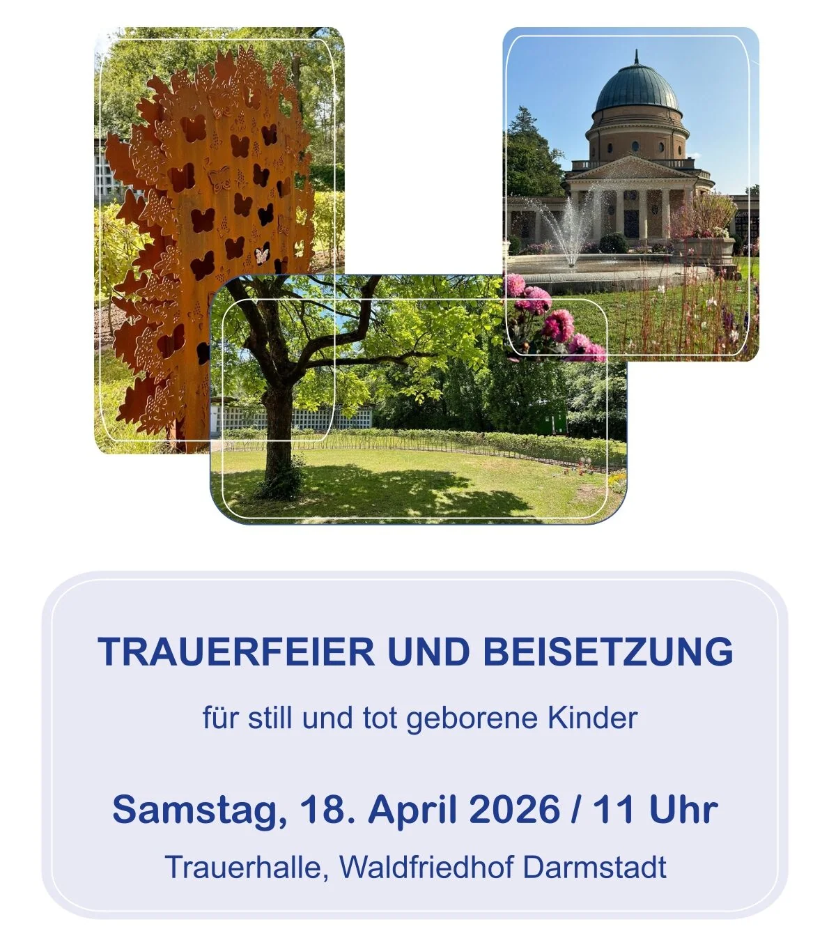 Plakat zur Trauerfeier und Beisetzung still und tot geborener Kinder am 18. April 2026 in Darmstadt.