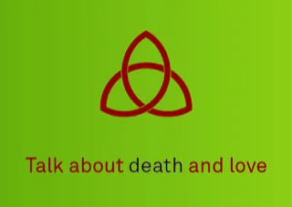 Grünes Logo mit rotem Symbol und dem Schriftzug „Talk about death and love“.