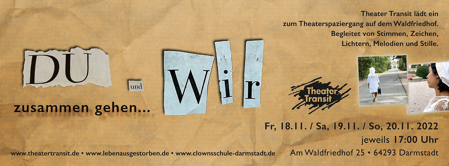 Veranstaltungsplakat „Du und Wir zusammen gehen“ zum Theaterspaziergang auf dem Darmstädter Waldfriedhof.