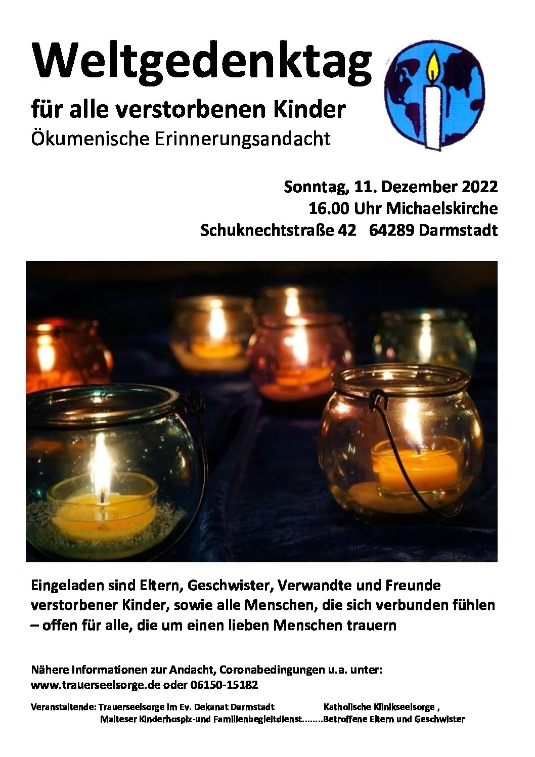 weltgedenktag-verstorbene-kinder-darmstadt-2022 Plakat zum Weltgedenktag für alle verstorbenen Kinder am 11. Dezember 2022 mit brennenden Kerzen.